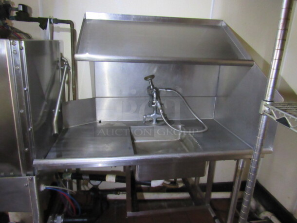 One Stainless Steel Dirty Side Dish Table With SS Over Shelf, Sink, Faucet And Hose Sprayer.  48X30X65. BUYER MUST REMOVE