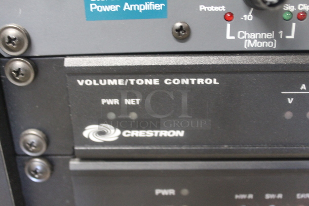 6 Electronic Rack Units in Black Metal Cabinet; Middleby Atlantic Power Center, Crestron Control Processor, Crestron Volume Tone Control, Ashly SRA-120 Power Amplifier, Extron AAP 301 Interface Extron Media Presentation Switcher. 6 Times Your Bid!   - Image 11 of 12