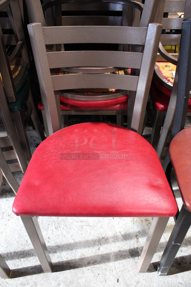 4 Brown Metal Dining Chairs w/ Red Seat Cushion. 16x17x32. 4 Times Your Bid!