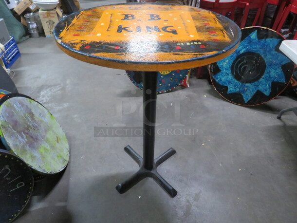One 30X30X342 Abstract Round Painted  Table Top On A Bar Height Pedestal Base. BB KING - Image 2 of 2