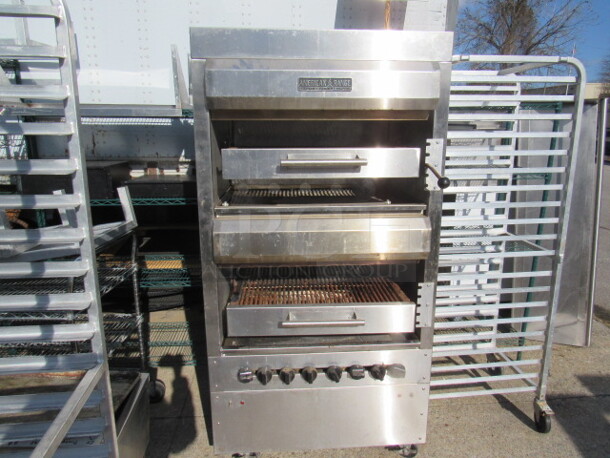 One SS American Range Natural Gas Double Stack Free Standing Salamander On Casters. 36X30X71. $22989.86