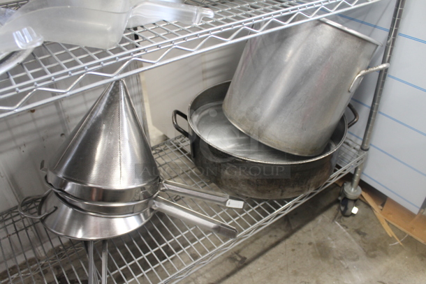 Chrome Finish 4 Tier Wire Shelving Unit on Commercial Casters w/ Contents Including Stainless Steel Drop In Bins and Bowls. BUYER MUST DISMANTLE. PCI CANNOT DISMANTLE FOR SHIPPING. PLEASE CONSIDER FREIGHT CHARGES. - Image 6 of 6