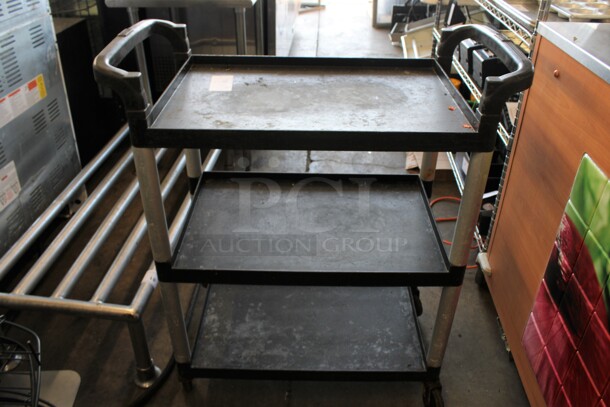 Black Poly 3 Tier Cart w/ 2 Push Handles on Commercial Casters. 33x16x38