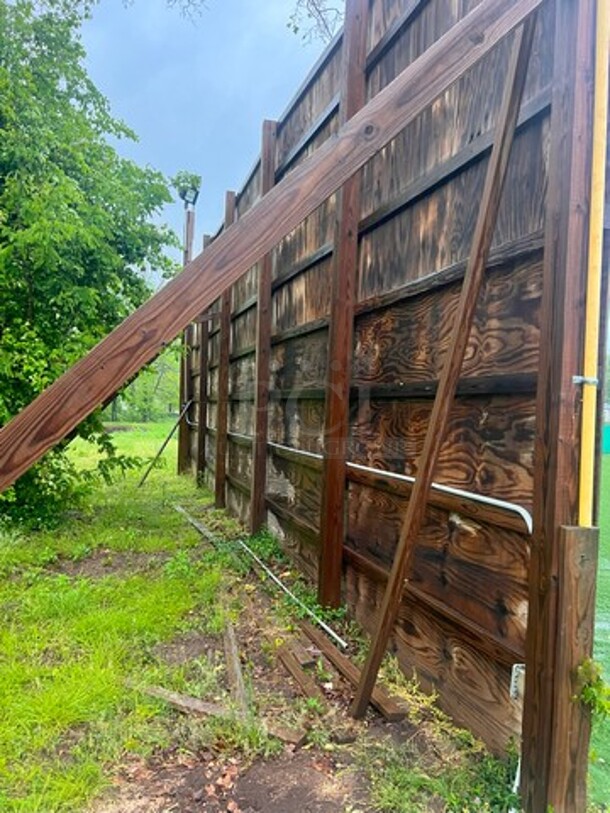 Homerun! Center Billboard Size Wall of Ball Field. Treated Lumber. Wall Constructed of Approx. 9- 8x10' on 2x4/2x6,6x6 Framework.
Sponsor Signs Not Included

BUYER REMOVAL 
**LABOR FOR REMOVAL ADDITIONAL FEE, CONTACT MISSOURI DIVISION FOR LABOR QUOTE OR ADDITIONAL QUESTIONS. - Image 5 of 5