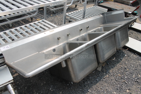 Stainless Steel Commercial 3 Bay Sink w/ Dual Drain Boards. No Legs.