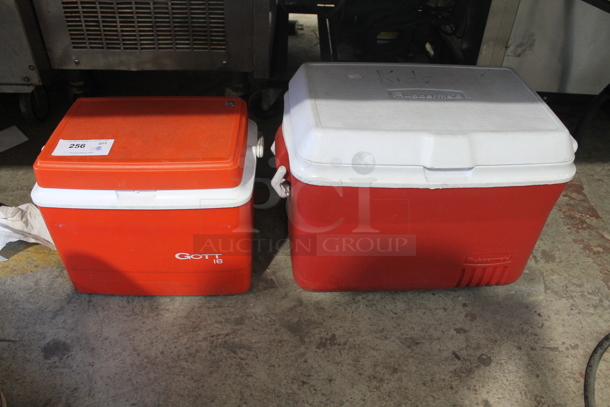 2 Various White and Red Poly Coolers. 17x12x13.5, 24x14x16. 2 Times Your Bid!