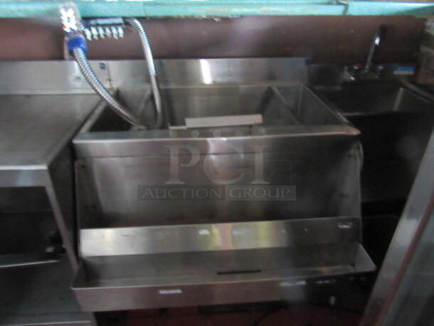 One Stainless Steel Under Bar Ice Well With 2 Tier Bottle Rail, Soda Gun. 30X20X32 BUYER MUST REMOVE