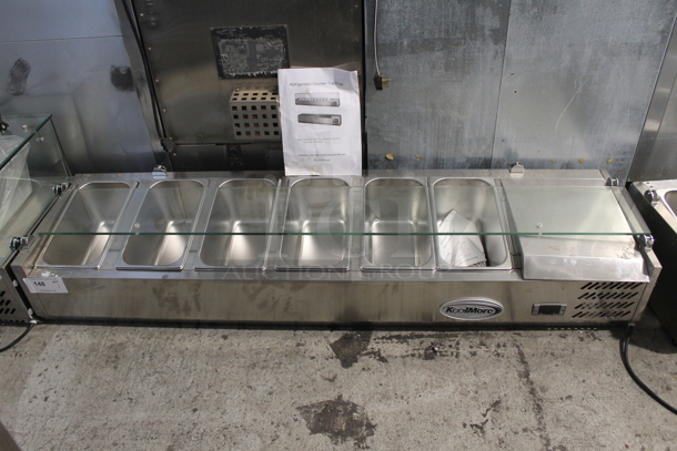 BRAND NEW SCRATCH AND DENT! KoolMore SCDC-6P-SG Stainless Steel Commercial Countertop Refrigerated Rail w/ 6 Drop In Bins and 1 Glass Sneeze Guard Panel. 115 Volts, 1 Phase. Tested and Working! - Image 1 of 12