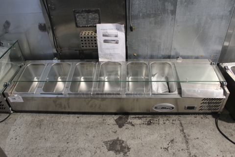 BRAND NEW SCRATCH AND DENT! KoolMore SCDC-6P-SG Stainless Steel Commercial Countertop Refrigerated Rail w/ 6 Drop In Bins and 1 Glass Sneeze Guard Panel. 115 Volts, 1 Phase. Tested and Working!
