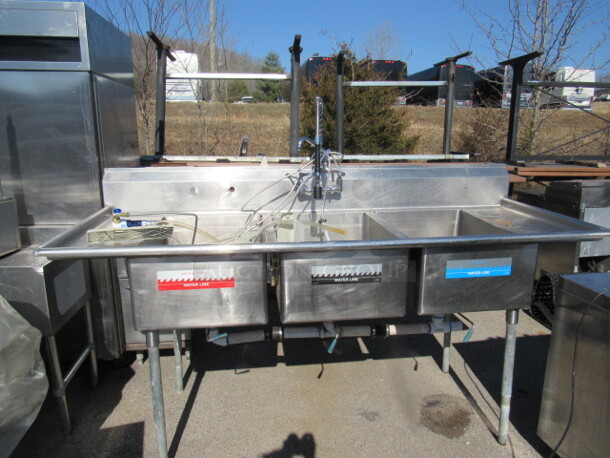 One Stainless Steel 3 Compartment Sink With R/L Drain Board, Faucet And Hose Sprayer. 88X34X50. Sink 20X8X11.5