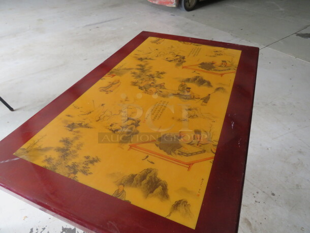 One Wooden Table Top With Asian Lacquered Insert, On A Pedestal Base. 46X28X29  - Image 2 of 2
