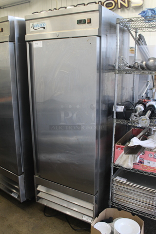 Avantco 178CFD1FF Stainless Steel Commercial Single Door Reach In Freezer w/ Poly Coated Racks on Commercial Casters. 115 Volts, 1 Phase. Tested and Working!
