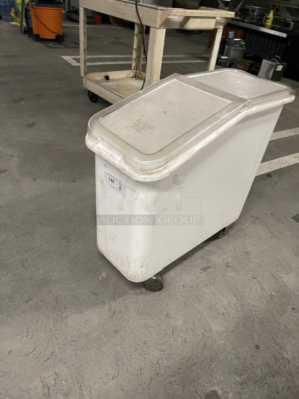 Cambro 27 Gallon / 430 Cup White Slant Top Mobile Ingredient Storage Bin with 2-Piece Sliding Lid & S-Hook - Image 4 of 7