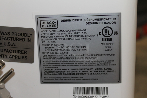 BRAND NEW SCRATCH AND DENT! Black & Decker BD50PMWSA Metal Portable 50 Pint Dehumidifier. 115 Volts, 1 Phase. Tested and Working! - Image 9 of 10