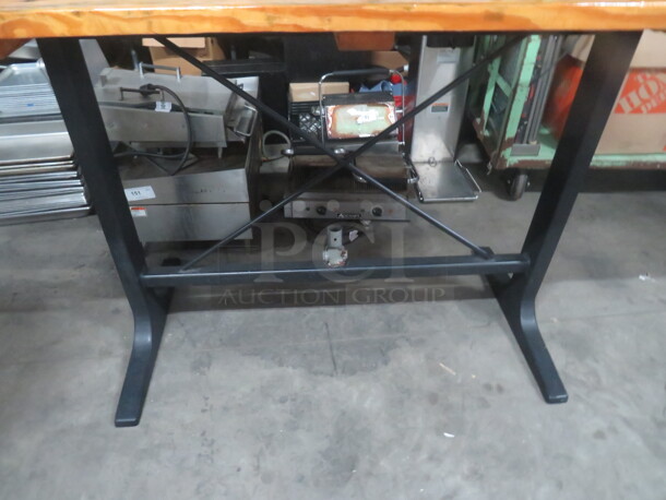 One Wooden Table Top, With An Umbrella Hole,  On A Bar Height Black Industrial Base. 72X28X42 - Image 2 of 3