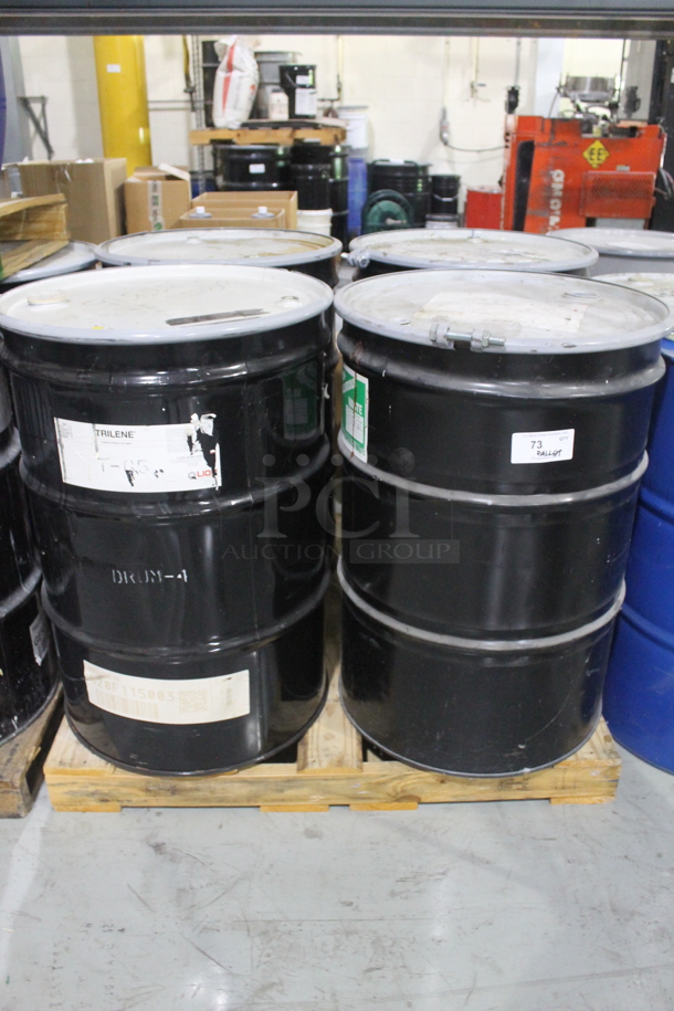 ALL ONE MONEY! PALLET LOT OF 4  Trilene Hydrocarbon Polymer Metal Barrels. BUYER MUST REMOVE.  - Image 1 of 7
