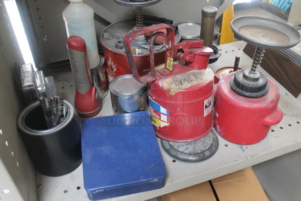 Gray Metal 3 Tier Shelving Unit and Wooden Table w/ Contents Including Iota DLS-27-40 Battery Charger. BUYER MUST REMOVE. - Image 3 of 6