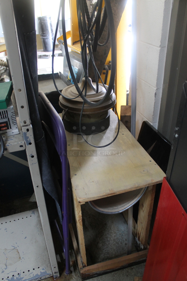 Gray Metal 3 Tier Shelving Unit and Wooden Table w/ Contents Including Iota DLS-27-40 Battery Charger. BUYER MUST REMOVE. - Image 6 of 6