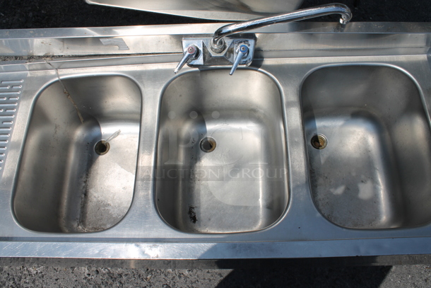 Krowne 18-63C18-63C Stainless Steel Commercial 3 Bay Back Bar Sink w/ Dual Drain Boards, Faucet and Handles. Missing 2 Legs.  - Image 6 of 7