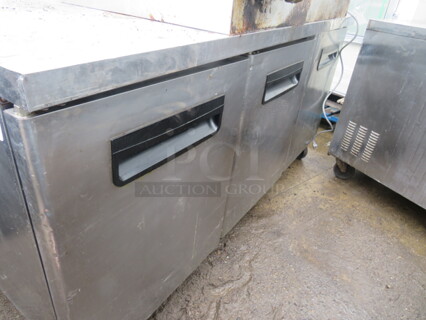 One Blue Air 3 Door Worktop Refrigerator With 3 Racks On Casters. 115 Volt. Model# BAUR72. 72X30X36