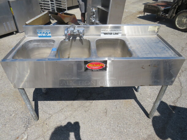 One Krowne SS 3 Well Bar Sink With Right Drain Board And Faucet. Model# 18-43L. 48X19X33