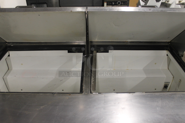 2011 True TSSU-60-24M-B-ST Stainless Steel Commercial Sandwich Salad Prep Table Bain Marie Mega Top w/ 2 Tier Over Shelf on Commercial Casters. 115 Volts, 1 Phase. Tested and Powers On But Does Not Get Cold - Image 4 of 7