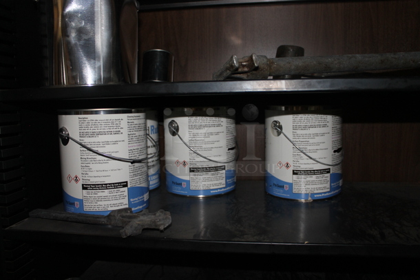 Wood Pattern Shelving Unit w/ Contents Including Metal Tins and Extension Cord. - Image 5 of 7