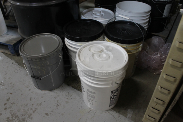 ALL ONE MONEY! Lot of Various Buckets Including Chem Resistant Hardener and Metal Barrel. BUYER MUST REMOVE. - Image 2 of 5