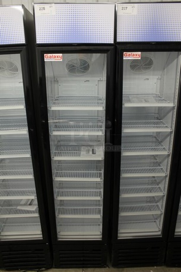BRAND NEW SCRATCH AND DENT! Galaxy 177GDN5RBB Metal Commercial 16 1/2" Black Swing Glass Door Merchandiser Refrigerator with Red, White, and Blue LED Lighting. 115 Volts, 1 Phase. Tested and Working! - Image 2 of 5