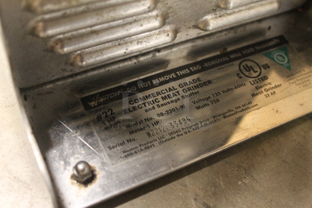 Weston 08-2201-W Stainless Steel Commercial Countertop #22 Size Meat Grinder w/ Tray. 120 Volts, 1 Phase. Tested and Working! - Image 6 of 6
