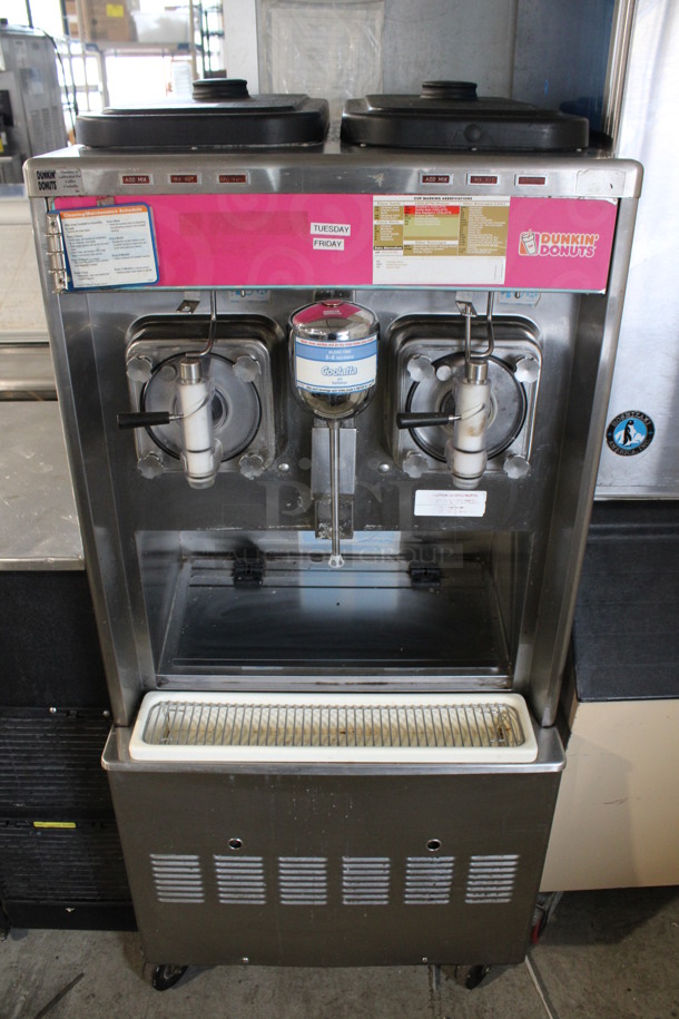 Taylor Model 342D-27 Stainless Steel Commercial Floor Style Air Cooled 2 Flavor Frozen Beverage Machine w/ Drink Mixer Attachment on Commercial Casters. 208-230 Volts, 1 Phase. 26x34x60