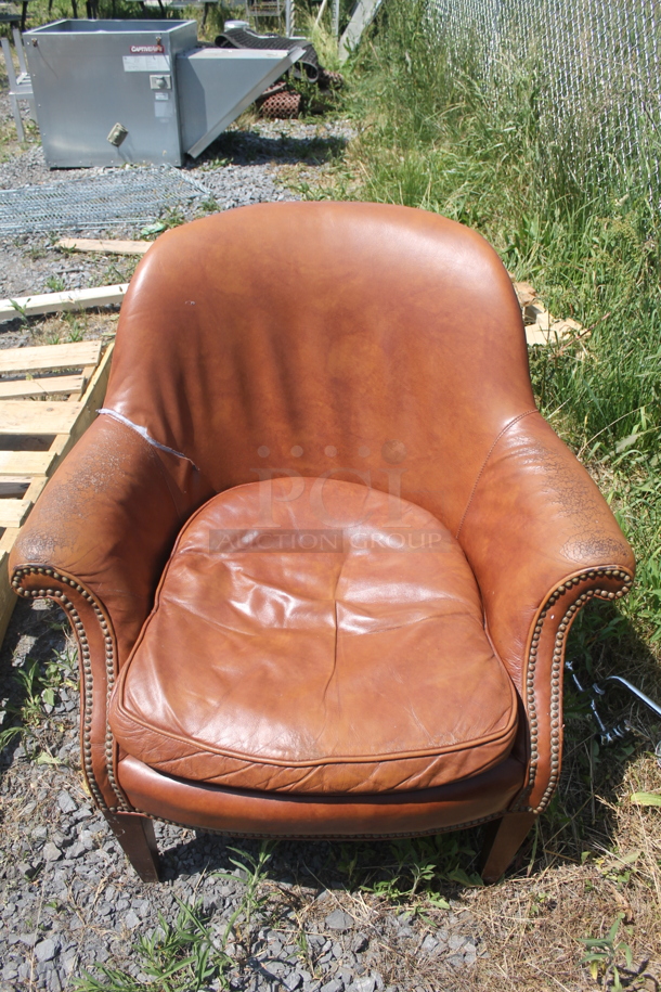 4 Leather Arm Chairs With Nailed Detail. 4 Times Your Bid! Cosmetic Condition May Vary.