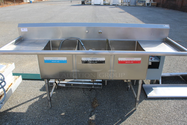 Stainless Steel Commercial 3 Bay Sink w/ Dual Drainboards, Faucet and Spray Nozzle Attachment. 93x30x45. Bays 18x24x12. Drainboards 18x26x1