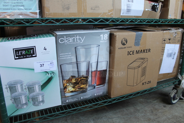 ALL ONE MONEY! Tier Lot of Various BRAND NEW SCRATCH AND DENT! Items Including Kooler Things KT-Z6 Ice Maker, Clarity Beverage Glass Set, Le'raze Canisters