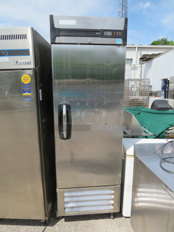 One Masterbilt SS 1 Door Refrigerator/And Or Freezer With 3 Racks On Casters. Model# R23-S. 115 Volt. 28X31X83 - Item #1112156