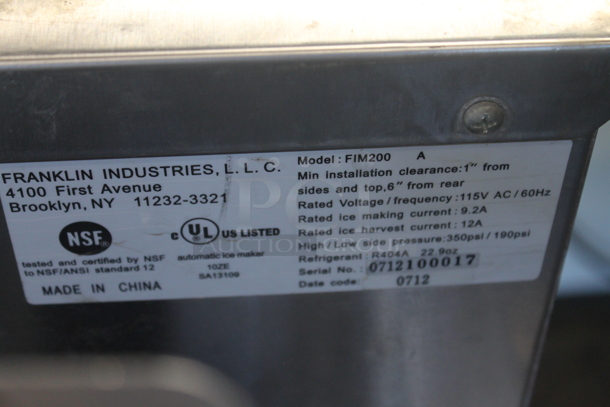 Franklin FIM200 Stainless Steel Commercial Self Contained Undercounter Ice Machine. 115 Volts, 1 Phase. - Image 12 of 12