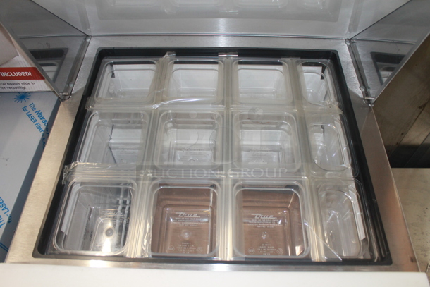 LIKE NEW! 2015 True TSSU-27-12M-B Stainless Steel Commercial Sandwich Salad Prep Table Bain Marie Mega Top w/ Poly Drop In Bins. 115 Volts, 1 Phase. Unit Has Only Been Used a Few Times! Tested and Working! - Image 4 of 7