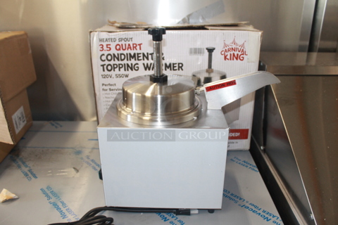 BRAND NEW IN BOX! Carnival King 382HSPW35 Stainless Steel Commercial Countertop 3.5 Quart Food Warmer w/ Pump. 120 Volts, 1 Phase. Tested and Working!
