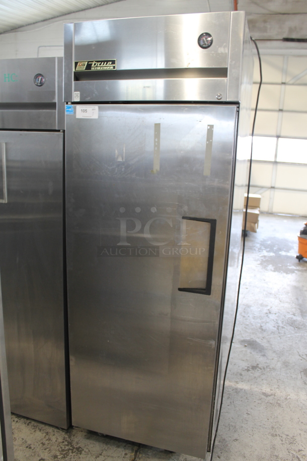 2015 True TG1R-1S ENERGY STAR Stainless Steel Commercial Single Door Reach In Cooler w/ Poly Coated Racks on Commercial Casters. - Item #1058707