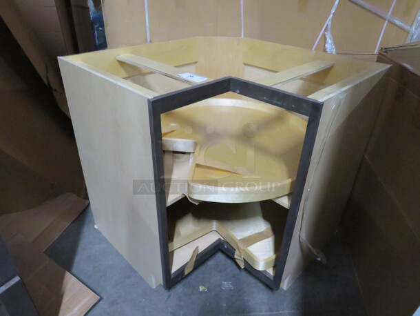 One NEW Echelon Maple Corner Base Cabinet With 2 Lazy Susans, In A Storm Finish. 50.5X39X34.5. #BSQC36SSL.