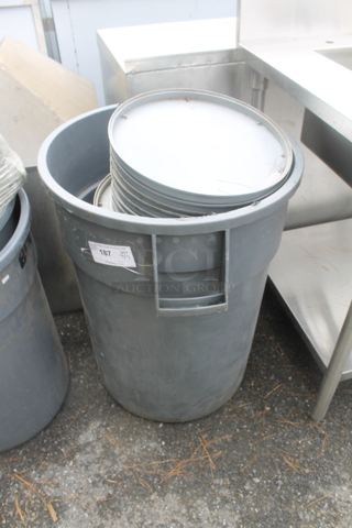 Poly Gray Trash Can w/ Contents including Gray Poly Pans.