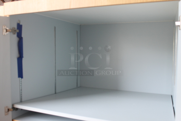 BRAND NEW! Commercial 4 Door Cabinet In Wood Style Finish With White Shelves. - Image 2 of 5