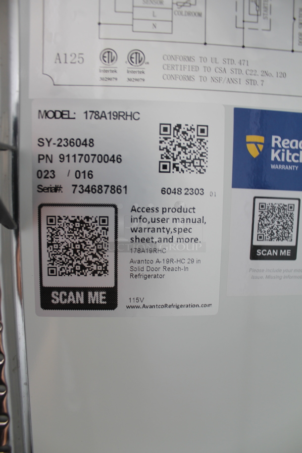 BRAND NEW! Avantco 178A19RHC Stainless Steel Commercial Single Door Reach In Cooler on Commercial Casters. 115 Volts, 1 Phase. Tested and Working! - Image 10 of 10