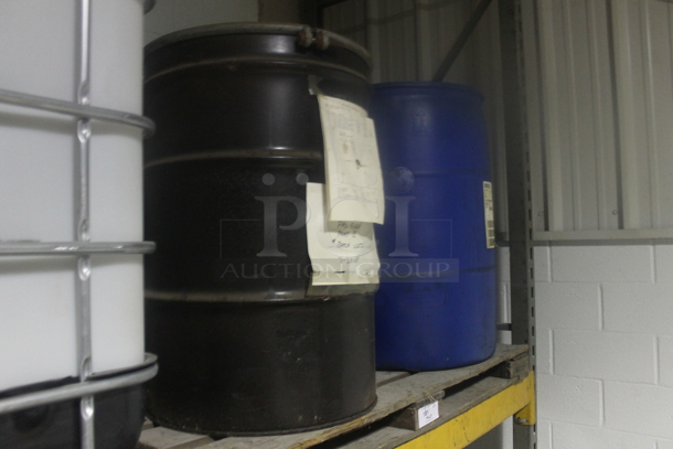ALL ONE MONEY! PALLET LOT of 4 Barrels; 2 Black Metal and 2 Blue Poly.  BUYER MUST REMOVE. - Image 2 of 5