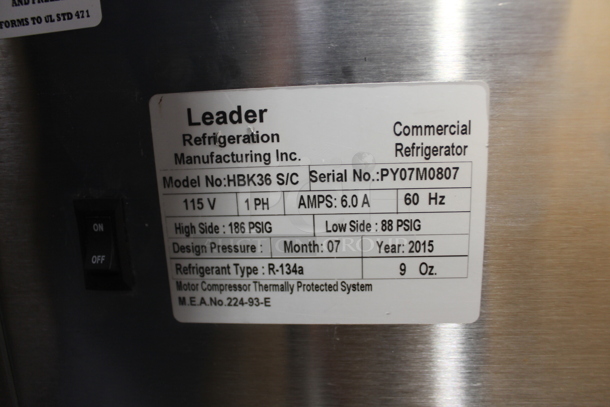 2015 Leader HBK36 S/C Commercial Stainless Steel Refrigerated High Bakery Display Case With Polycoated Racks. 115V, 1 Phase. Tested and Working! - Image 4 of 8