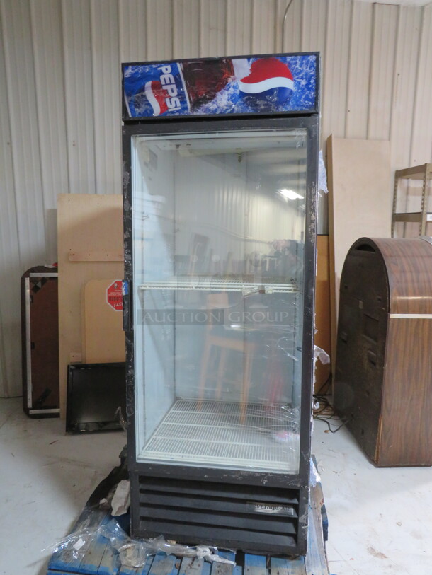 One WORKING Beverage Air 1 Door Glass Display Refrigerator With 3 Racks. Bottom Hinge Needs Adjustment. 115 Volt. 30X34X78.5 - Image 1 of 3