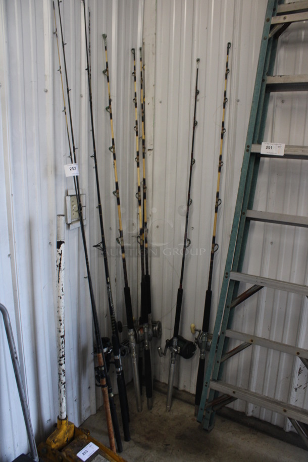10 Various Fishing Poles Including Daiwa Crankin' Rod, Quantum XL, Garcia Conolon 300 Graphite Composite Design, 2 Daiwa IGFA 9073-50 Tournament Graphite Composition,  Daiwa IGFA 9093-50 Composite, St Croix. Includes 80
