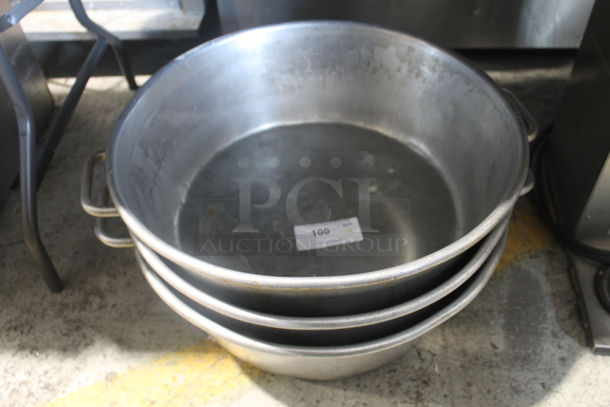 3 Commercial Stainless Steel Pots With Handles. 3 Times Your Bid! Cosmetic Condition May Vary.  - Image 1 of 2