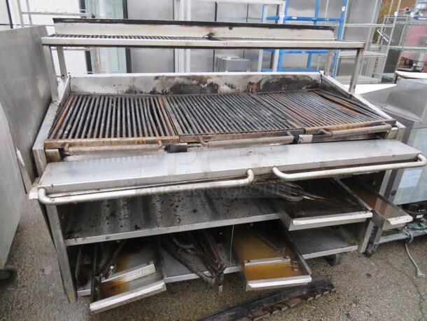 One Natural Gas Charbroiler Grill, With Left Side Splash, Upper Grate, 2 SS Under Shelves On Casters. 60X36X52 - Image 1 of 1