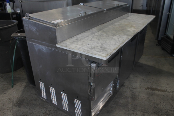 2014 Leader ESPT72SC Commercial Stainless Steel 3-Door Pizza Prep Table With Marble Style Countertop, Lift Up Lids, Plastic Drop-In Bins And Steel Racks On Commercial Casters. 115V. Tested and Powers On But Does Not Get Cold
 - Image 2 of 10